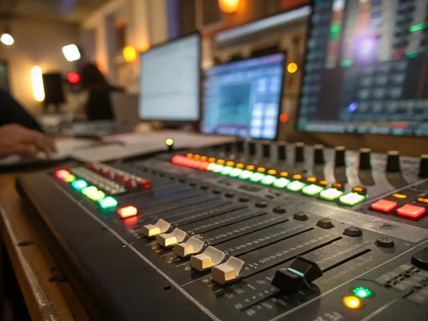 A high-quality photograph showcasing a state-of-the-art digital mixing console, highlighting its intuitive interface and advanced features, suitable for a church audio setup.