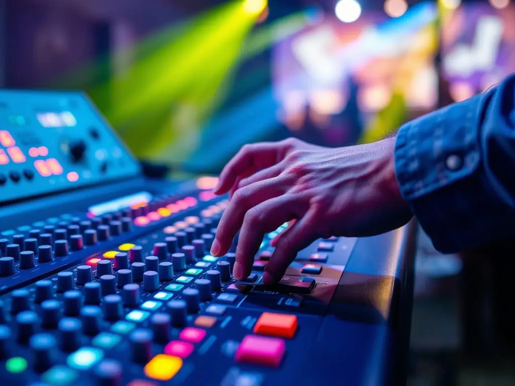 A group of church production volunteers learning about audio mixing on a digital console during a training session.