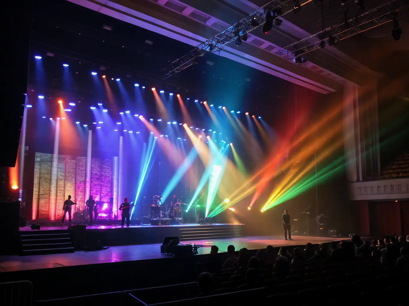 A vibrant image of stage lighting equipment illuminating a church stage, demonstrating the impact of professional lighting on enhancing worship experiences.