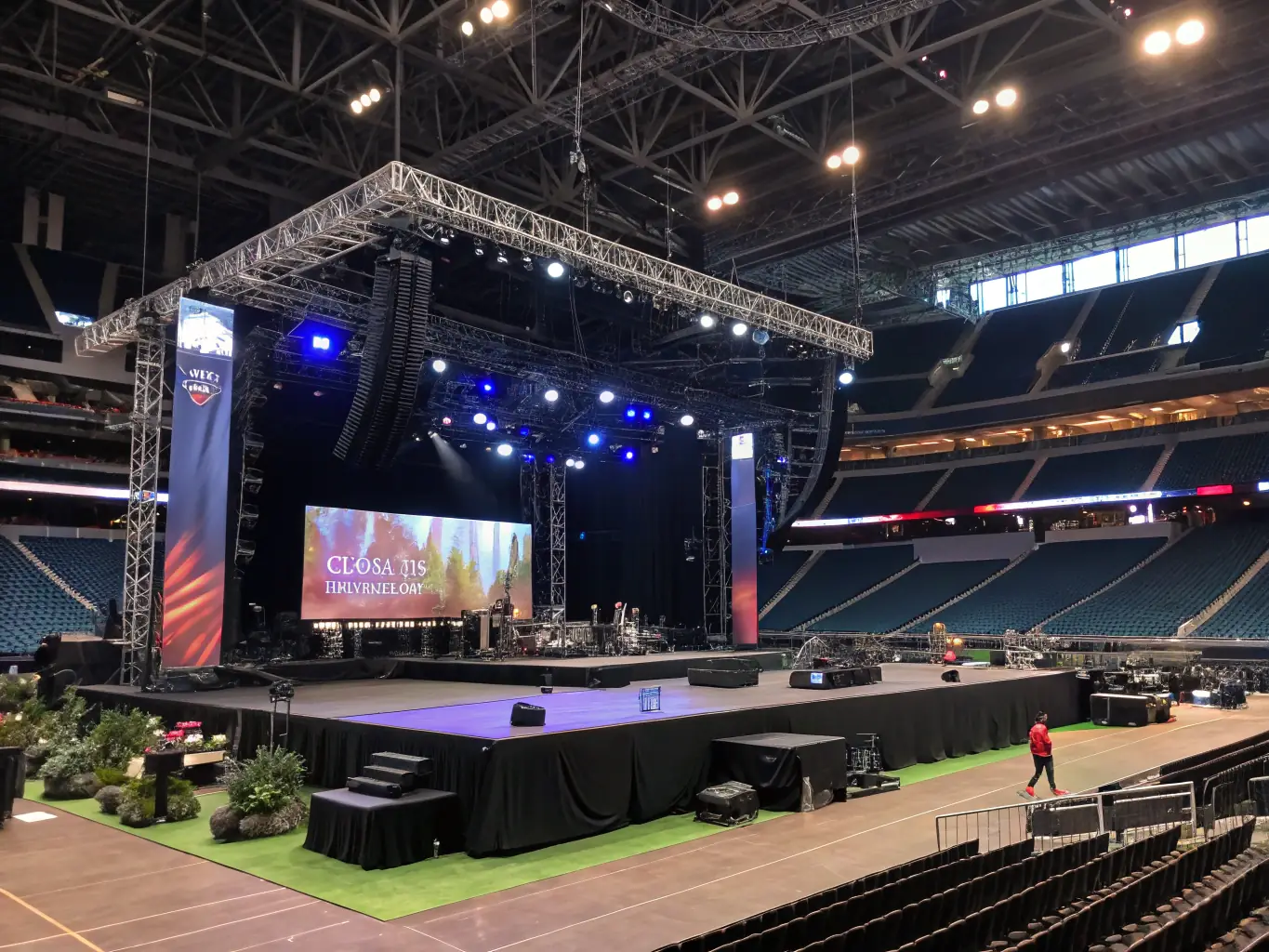 A modern church interior with stage lighting and audio equipment, capturing the essence of a church production event.