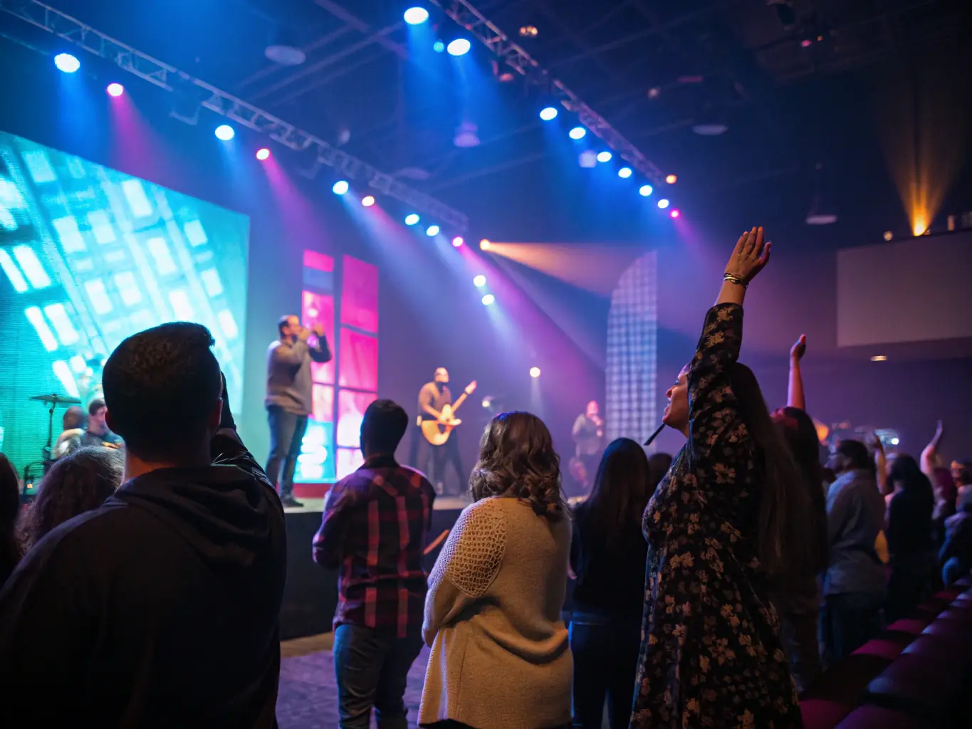 A church sanctuary with vibrant stage lighting and a dynamic atmosphere, showcasing a live church production event.